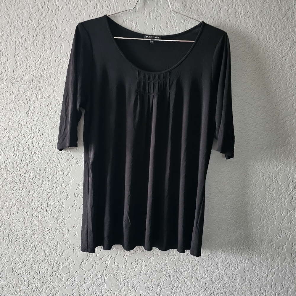 EILEEN FISHER Black Scoop Neck Knit Short Sleeve Top w/Tucked Front Sz PL